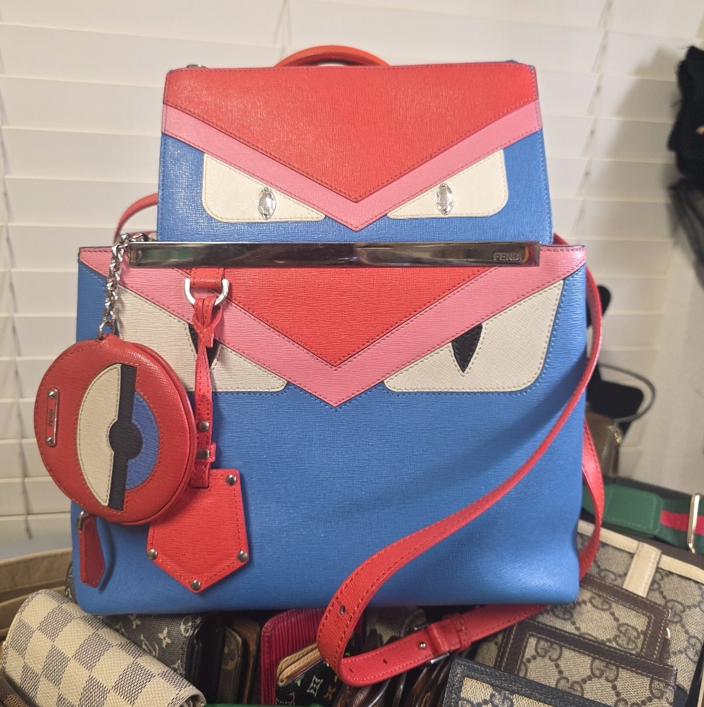 Auth Fendi 2jour Monster Blue/Orange Leather Bag, Wallet And Coin Case - Picture 2 of 11
